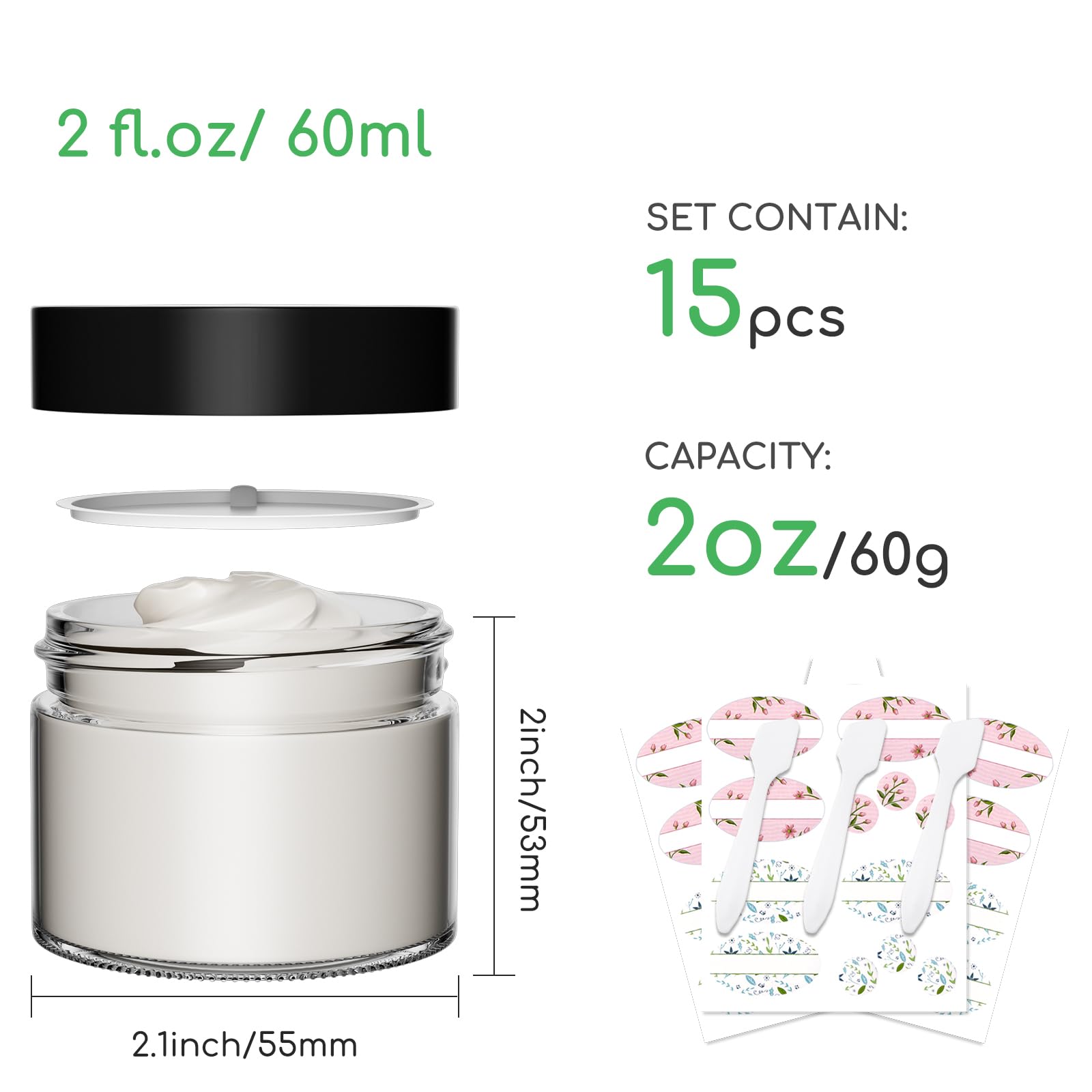 2 oz Empty Clear Glass Cosmetic Jars, 15 Pack With Black Lids and Inner Liners - Image 4