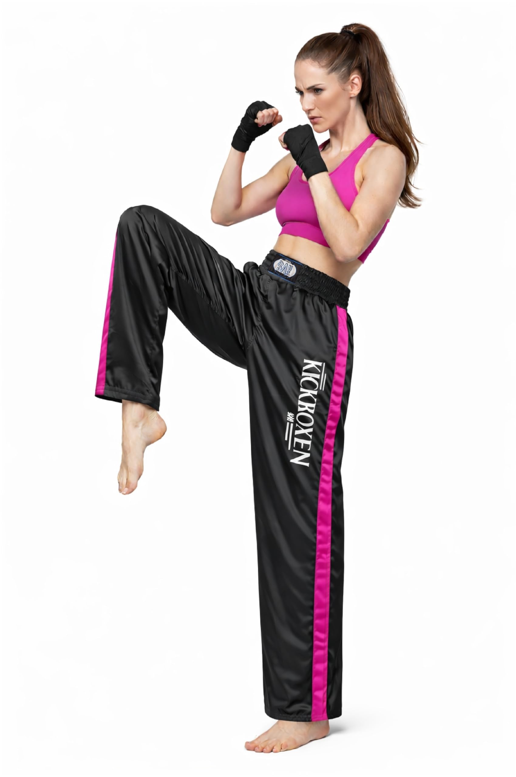 BAY Edel Stick Kickboxhose Kampfsporthose Schwarz lang Streifen in Pink seitlich Polyester gestickter Schriftzug Erwachsene Damen Herren Kinder Jungen Mädchen Größen 4XS - L