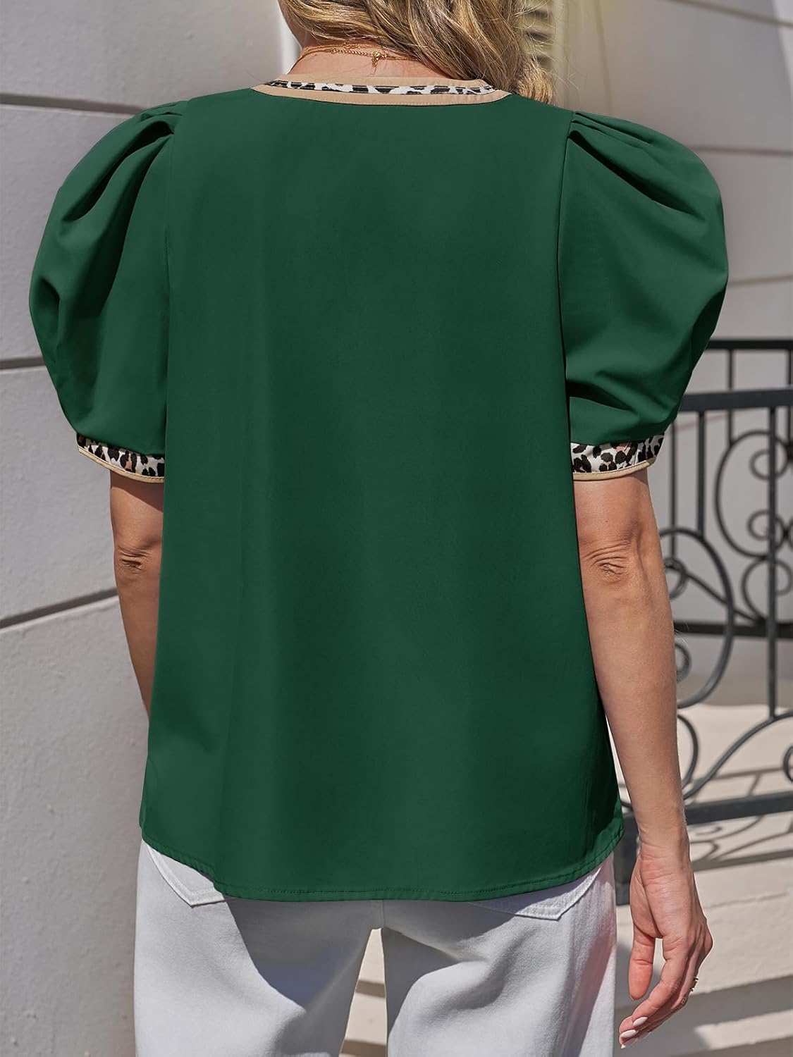 Tankaneo Womens Puff Sleeve Tops Summer Leopard V Neck Color Block Blouse Dressy Casual Loose Fit T-Shirts - Image 4