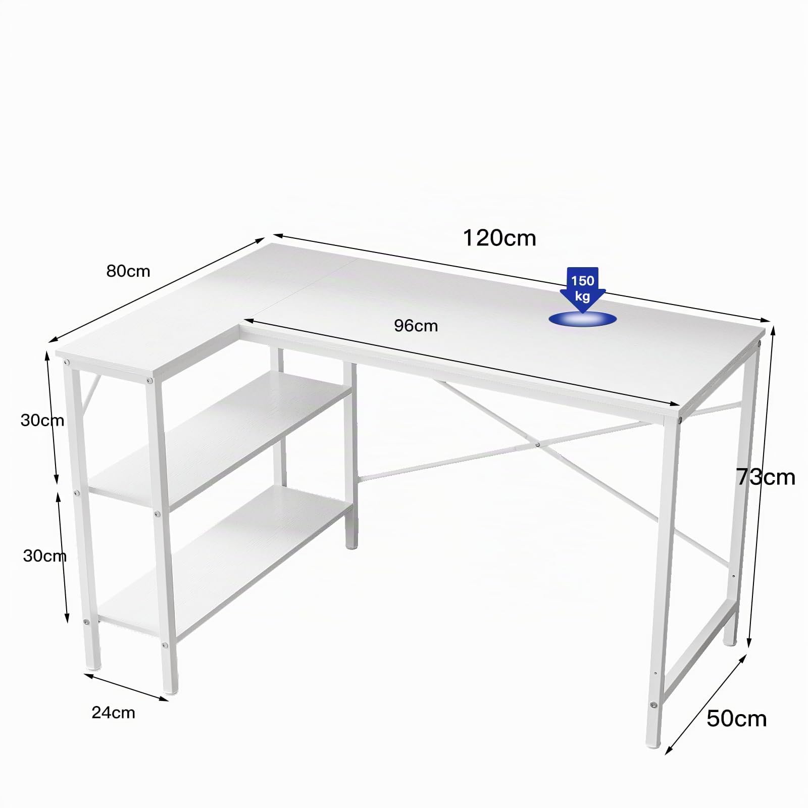 Scrivania a forma di L con ripiano 120 x 80 x 73 cm, scrivania angolare con piedini regolabili, per ufficio e home office, colore bianco