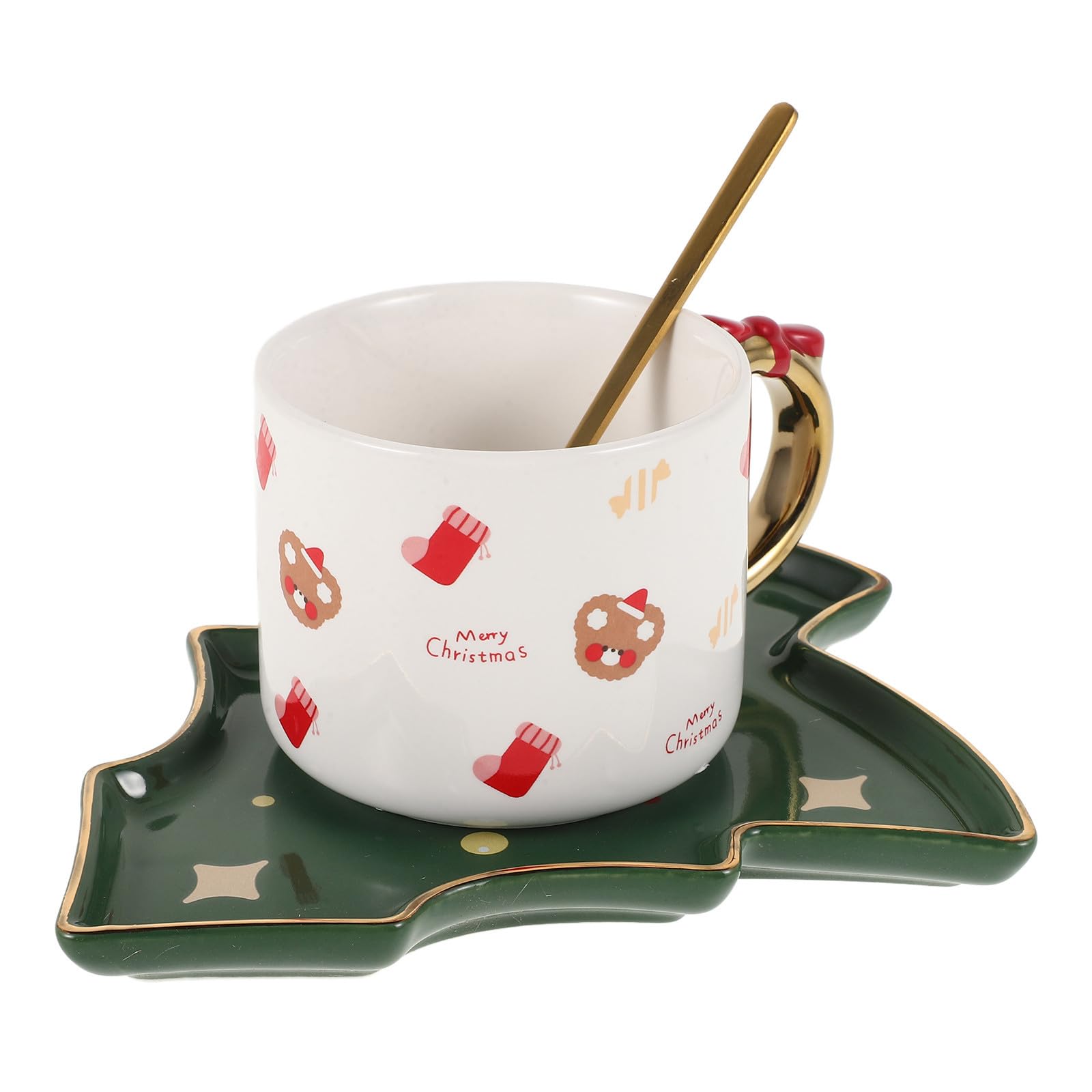 Taza de café navideña con platillo de árbol y cuchara, el detalle de cerámica ideal para regalar