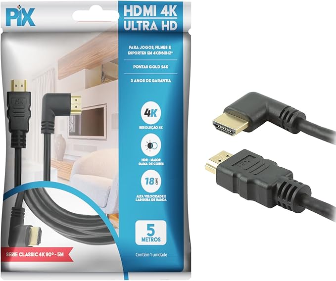 Embalagem do cabo HDMI PIX 4K de 5 metros com destaque para o conector em 90 graus