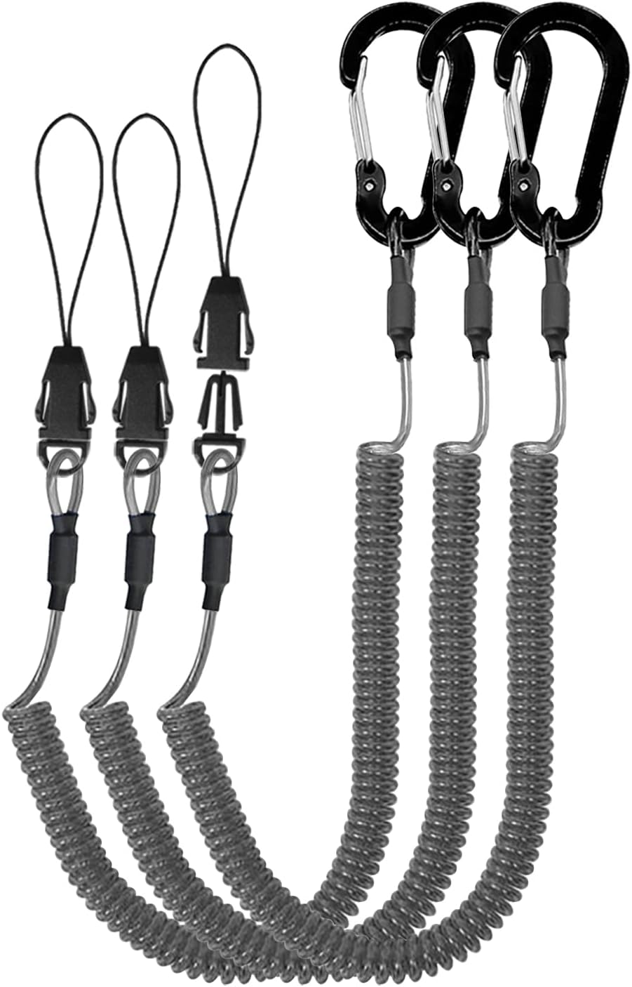 Coiled Lanyards with Carabiner, Ring and Quick Release Detachable Buckle for Fishing Equipment Keys, Cards, Tools