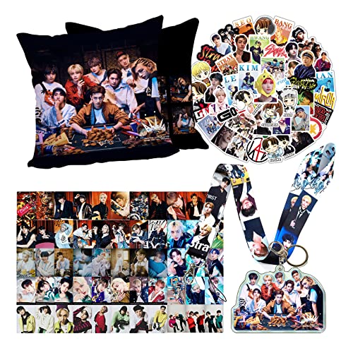 VORAGA Stray Kids Merch: Stray Kids Fanartikel-Set – Kissenbezug, Schlüsselband, Schlüsselanhänger, Aufkleber, Lomo-Karten – bunt, Anime-Druckmuster – Heim- und Fanartikel-Dekor