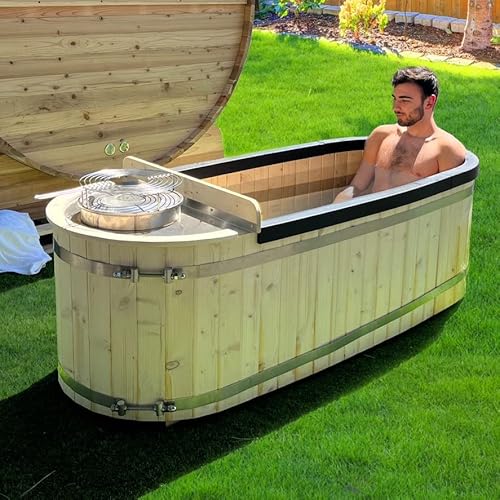 ALEKO Natural Pine Hot Tub Cold Plunge Tub with Charcoal Stove 2