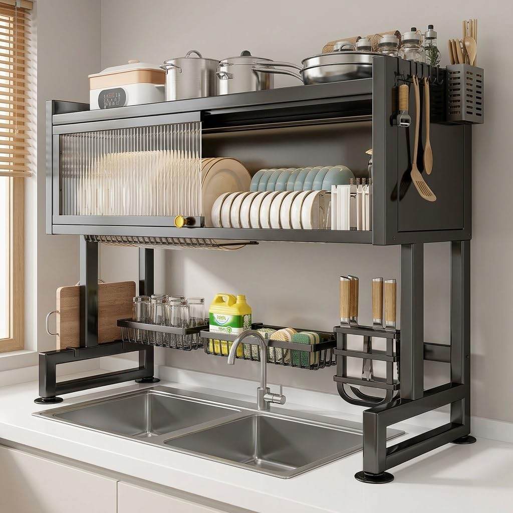 Escurridor de Platos sobre el Fregadero, | Estante secado acero al carbono con estructura estable en H, Organizador cocina(Nero,65cm/25.5in)