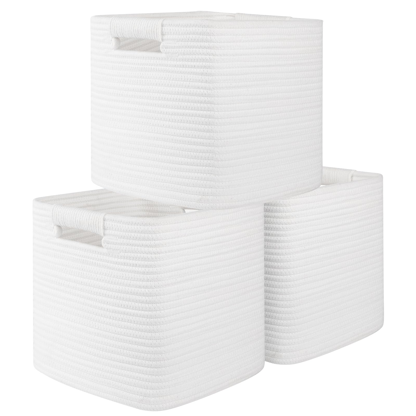 OIAHOMY Storage Cubes 11 Inch Storage Bins-3-Pack, Cotton Rope Woven Baskets for Organizing, Square Storage Baskets for Shelves Organizer, Classroom, Kids Toy Bins, Closet, Baby Nursery-White