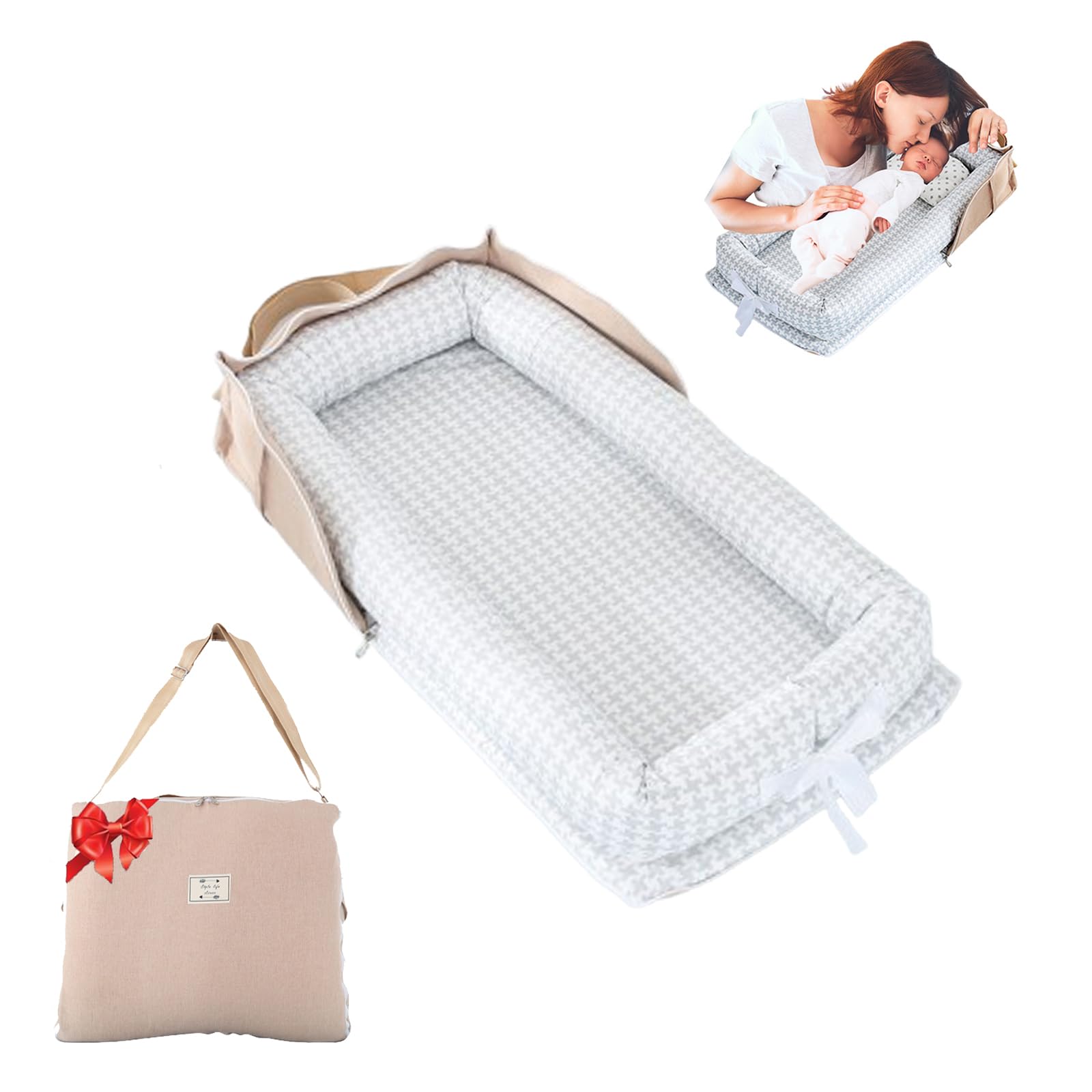 Tumbona para bebé recién nacido, bolsa portátil, nido para bebé, colchoneta de gimnasio de juego con correa, tumbona para recién nacido, tamaño ajustable, cremallera interior, espacio de extensión hasta 24 meses, cuadros grises de mil pájaros