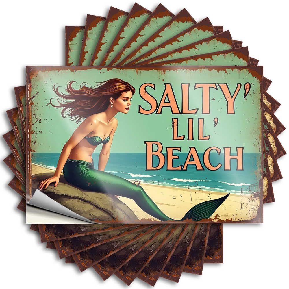 Man Cave Accessories Helmet Bumper | Mermaid Relaxing On Rocky Beach: 'Salty Lil' Beach' Vintage for Teacher Decor(8X12CM)