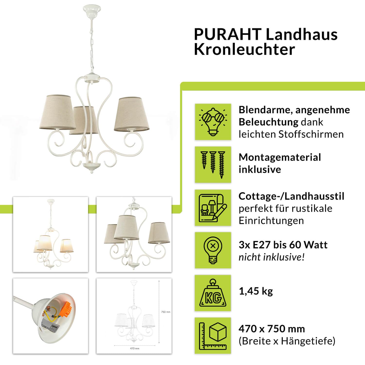 PURAHT Kronleuchter Landhausstil – 3-flammig, E27, Stoffschirme Beige, Metall Weiß, 47x47x75 Cm