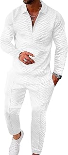 UOUA Mens 2 Piece Set Casual Outfits Polo Long Sleeve Shirt & Pants Tracksuit