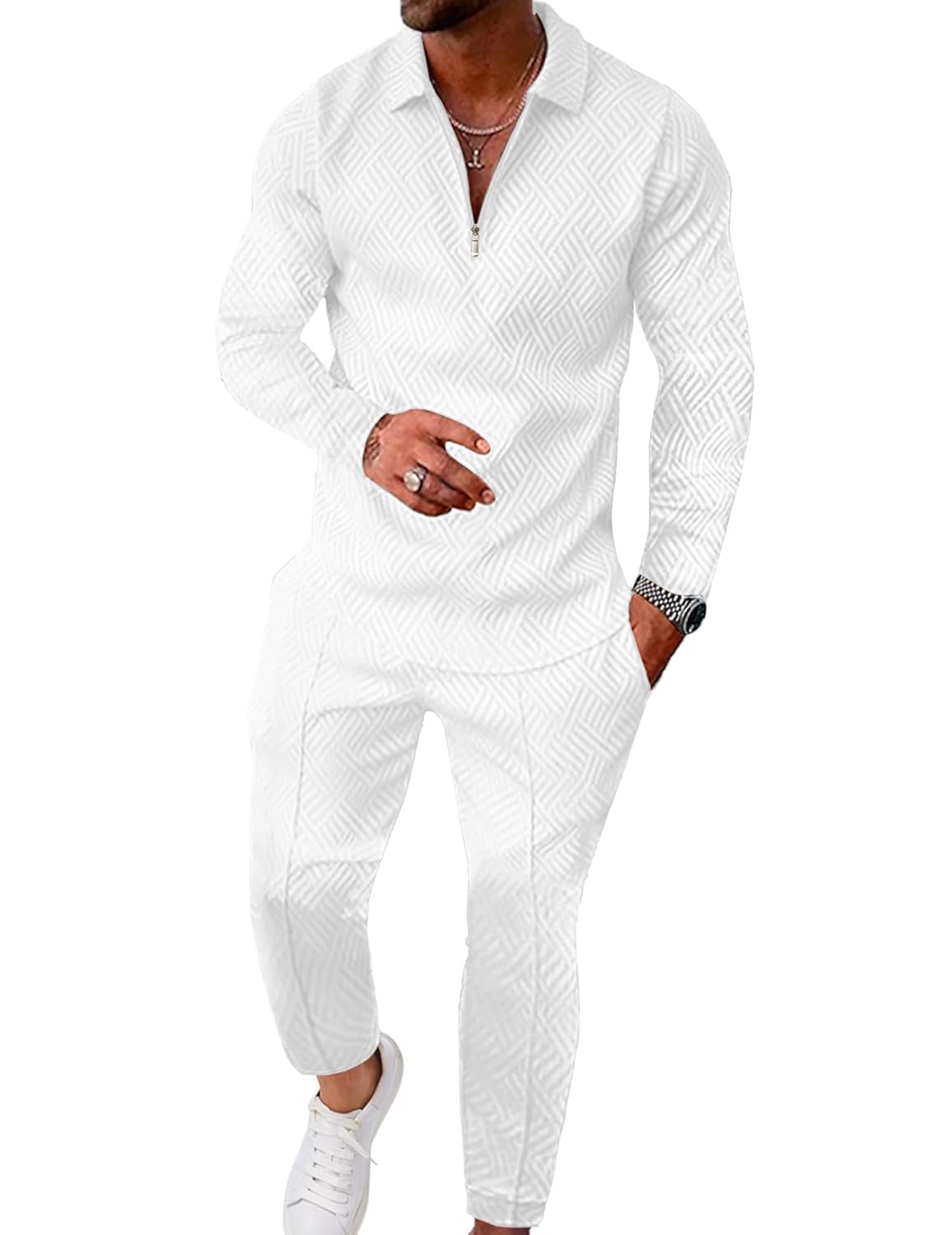 UOUA Mens 2 Piece Set Casual Outfits Polo Long Sleeve Shirt Pants Tracksuit Loungewear Athletic Jogger Sweatsuit