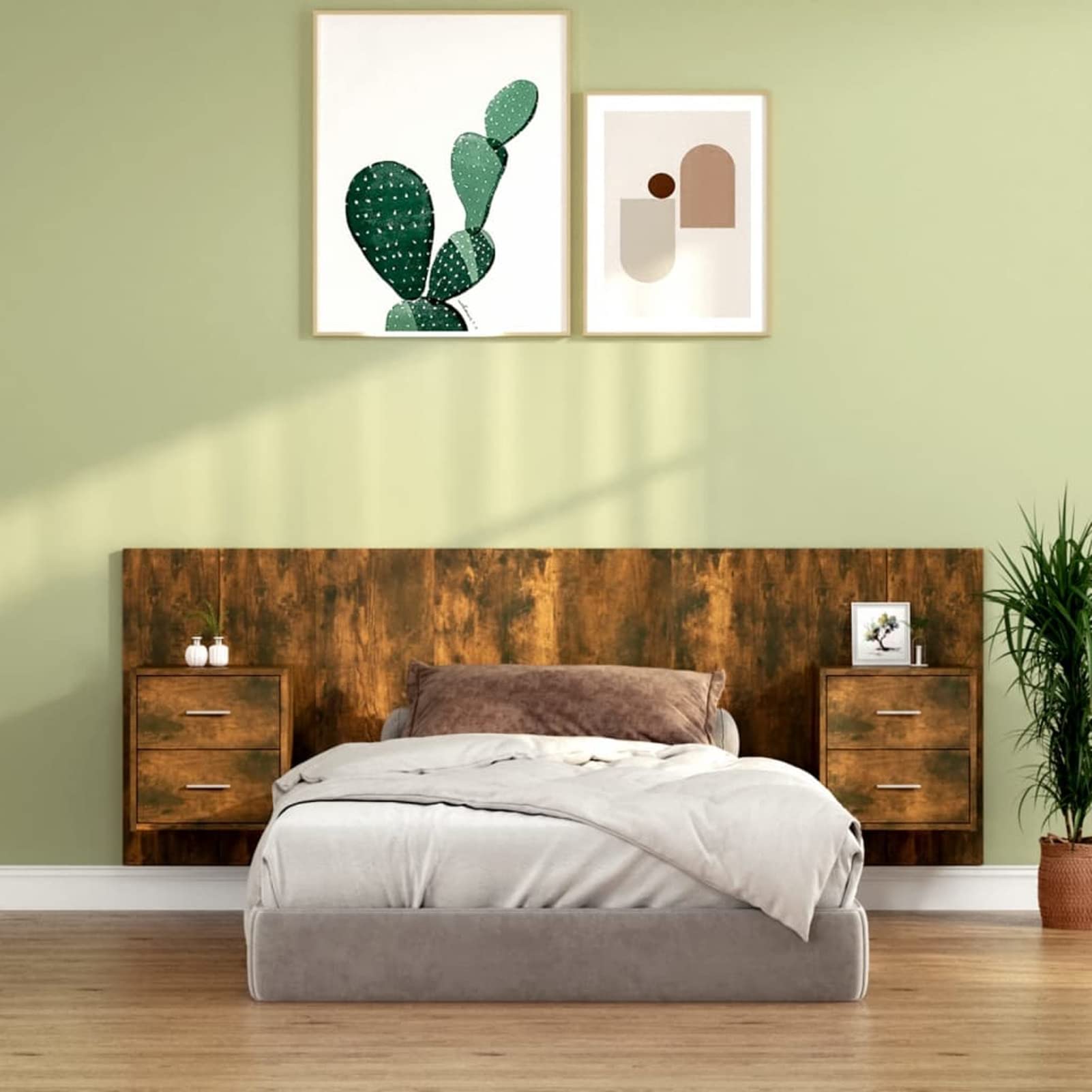 Cabecero de Cama con Mesitas, Cabezal de Cama Tradicional Roble Ahumado