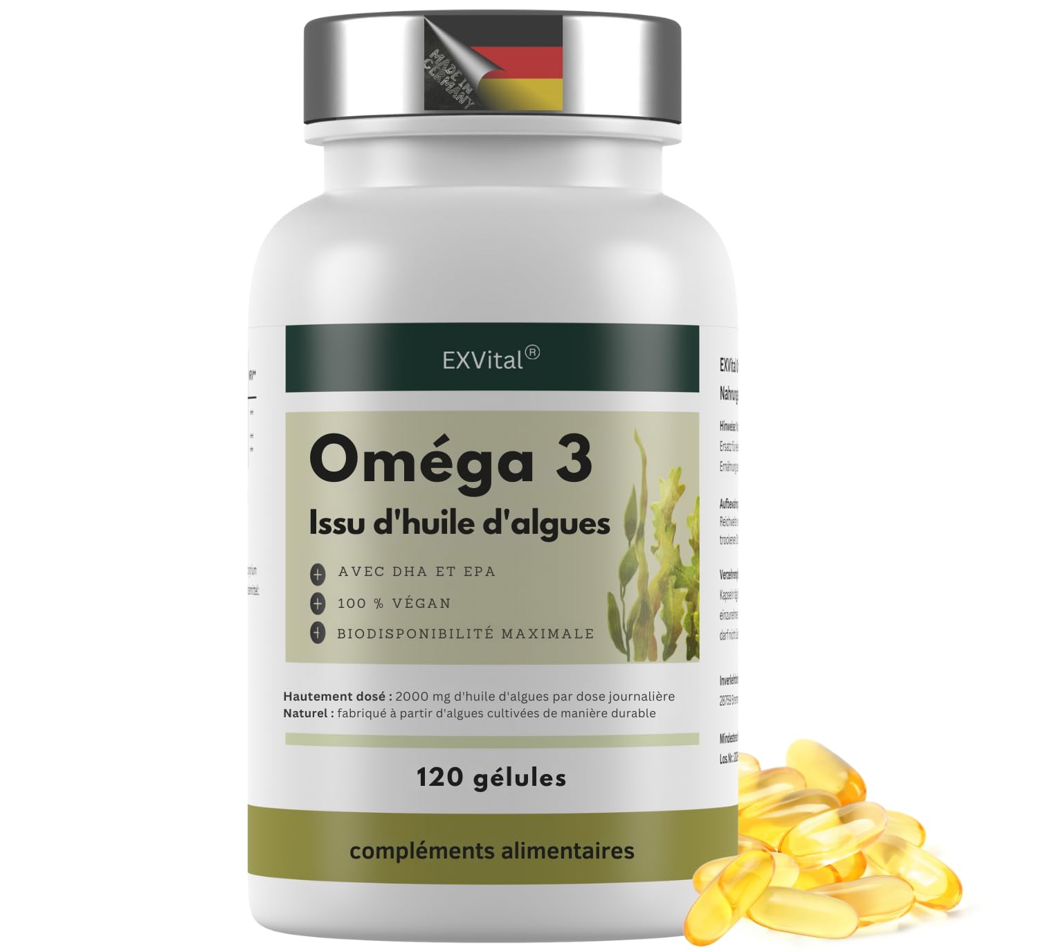 EXVital® Oméga 3 à base d'huile d'algues, végétalien, 120 gélules, 2000 mg, 600 mg de DHA et 300 mg d'EPA par jour, issu d'algues durables, hautement dosé et testé en laboratoire
