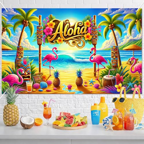 Image of BlissYard Aloha Beach Banner 71 x 43 Inch Hawaiian Luau Party Decorations Summer Beach Backdrop with Flamingo Tiki Mask Palm Tree for Summer Pool Party Photo Booth Wall Decor