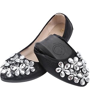KUNWFNIX Women Ballet Flats Rhinestone Wedding Ballerina Shoes Foldable Sparkly Comfort Slip on Flat Shoes 9 #01-black