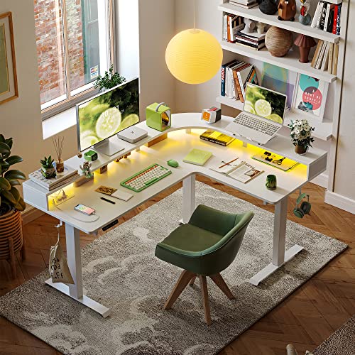 Image of FEZIBO L Shaped Standing Desk with Arc LED & Power Outlet, Exclusive Uprated 3 Motors Support 330LB, Electric Height Adjustable L Shaped Desk with Large Monitor Stand, for Home Office, White