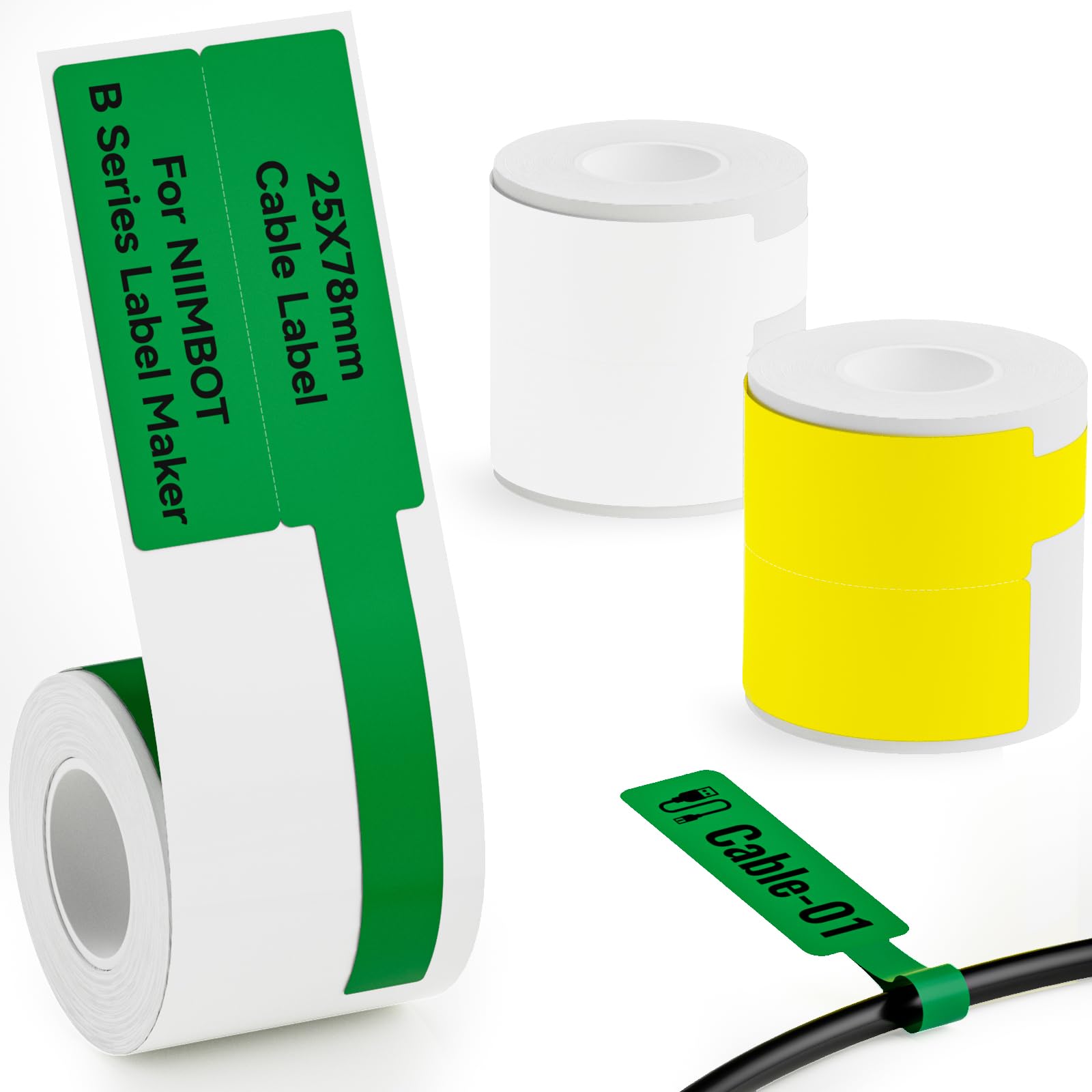 NIIMBOT 3 Roll Set Cable Labels Compatible with B1/B2/B21 Label Maker, 25x78 White/25x38 Yellow /25x38 Green
