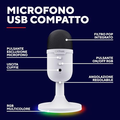 GXTrust 236W Yami Microfono a Condensatore USB da Streaming per Podcast, Gaming, Discord, Twitch, Youtube, Microfono ASMR con Pulsante di Silenziamento, Schema Cardiode, RGB - Bianco - Immagine 1