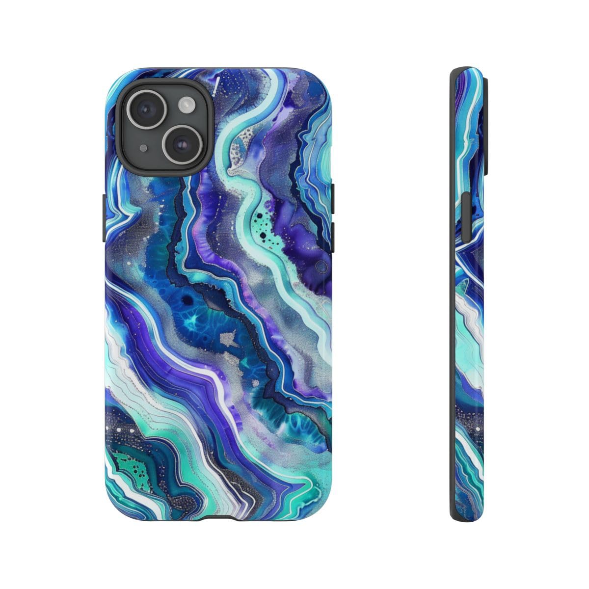 Coque iPhone 15 Plus rigide et brillante au motif tourbillon géode bleu - 4