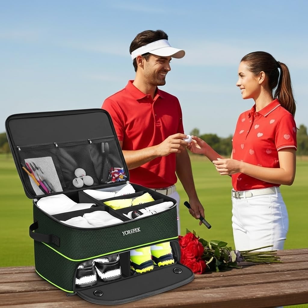 YOREPEK 2 Layer Golf Trunk Organizer, Golf Gifts for Men with Separate Ventilated Compartment for 2 Pair Shoes, Waterproof Car Trunk Locker for Balls, Tees, Clothes, Gloves, Gifts for Golfers