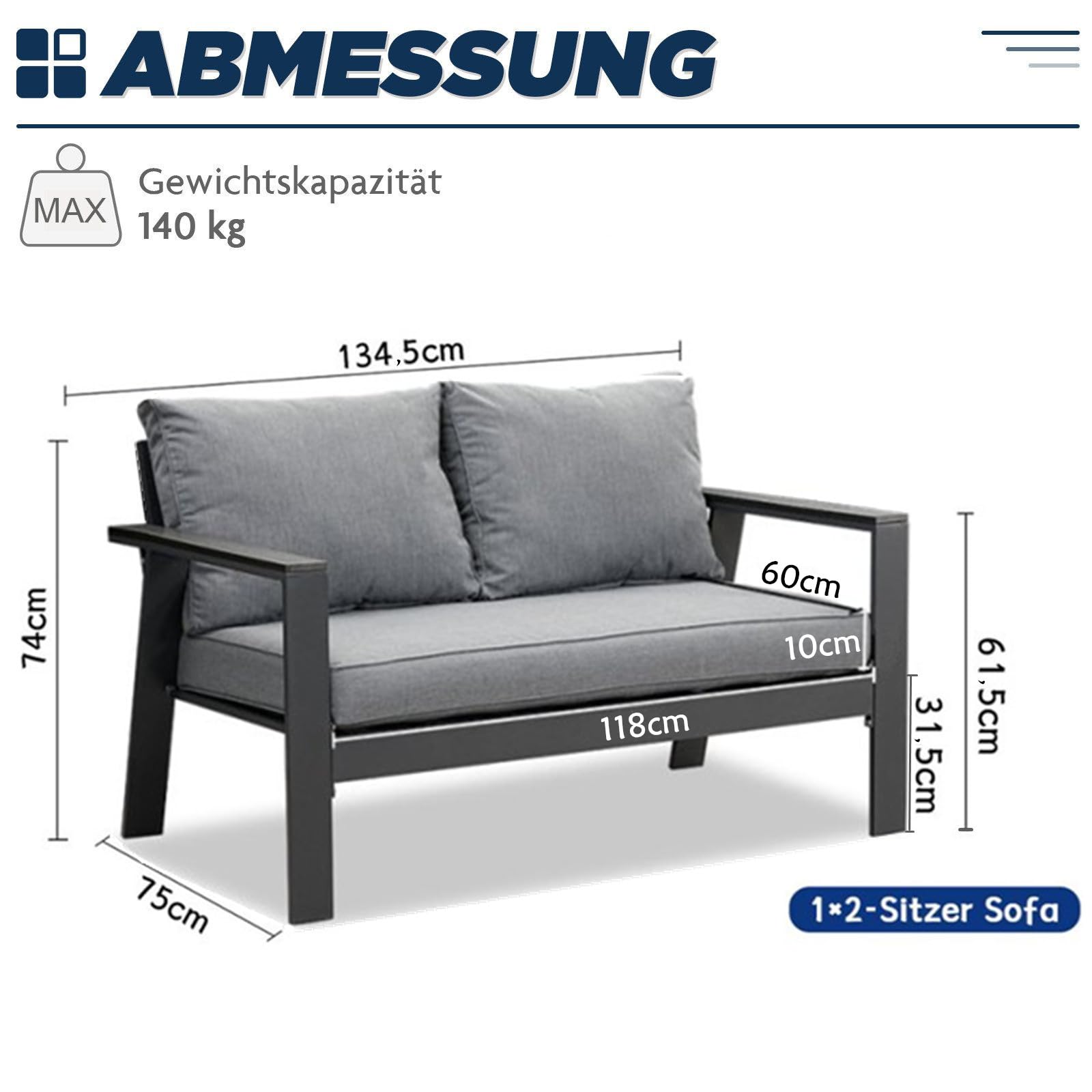 LANOX Balkonmöbel Gartensofa 2 Sitzer aus Aluminum, 134,5×75×74 cm, inkl. Sitz- und Rückenkissen, Wetterfest Gartensofa für Balkon Terrasse Garten, Grau