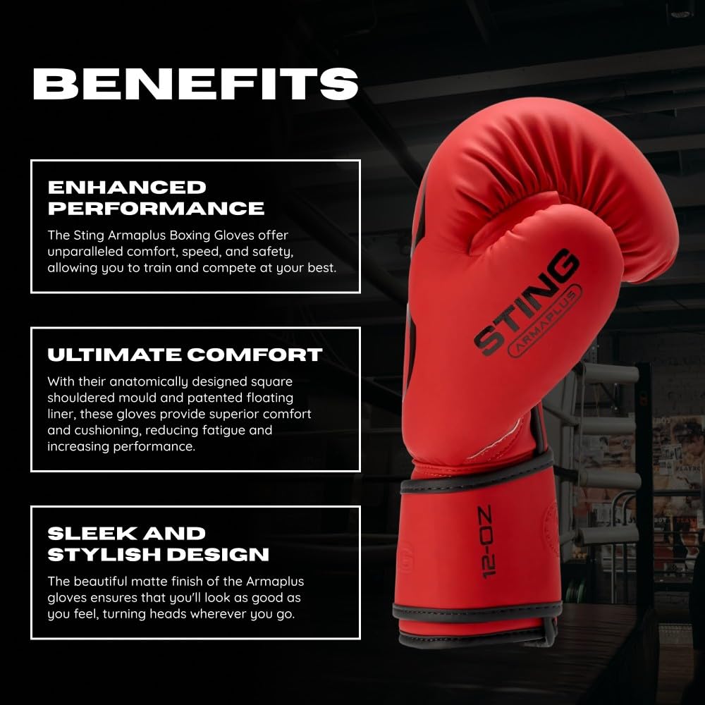 STING Armaplus Boxing Gloves, Matte-Finished High-Tech Gloves for Boxing, MMA, Muay Thai, and More, Shock-Absorbent Boxing Gloves for Men and Women, Boxing Equipment