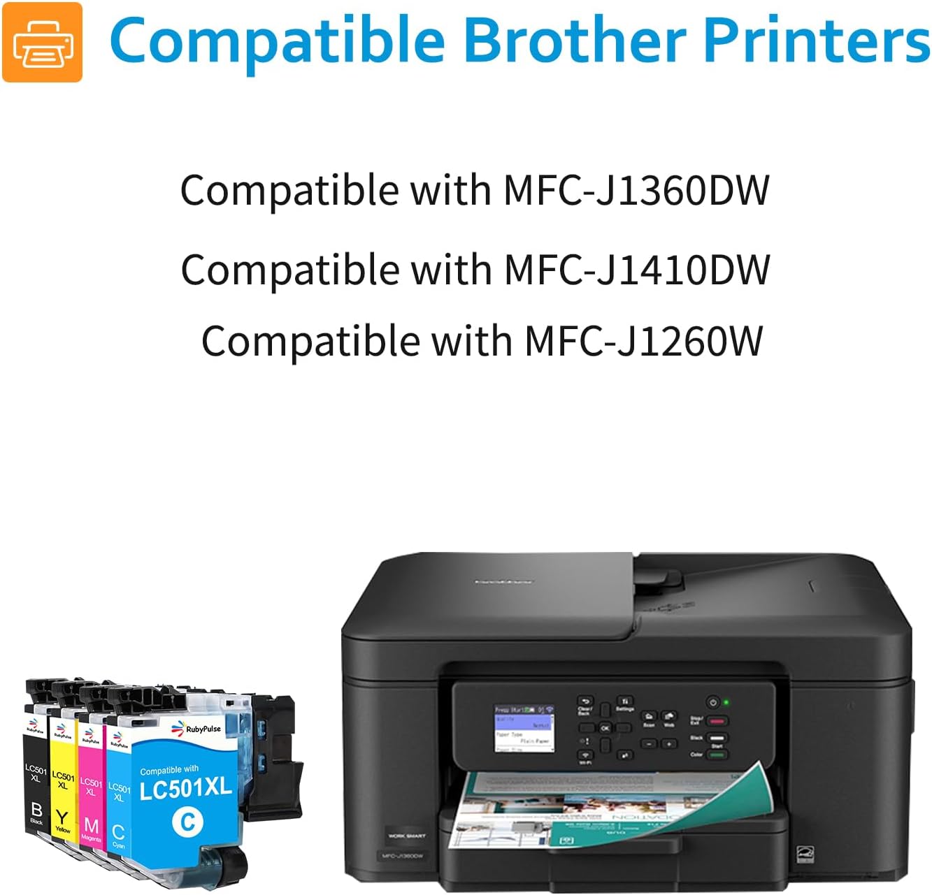 LC501XL LC501 2000 high Pages for 4 Packs of LC501XL Ink cartridges Compatible for Brother MFC-J1360DW MFC-J1410DW MFC-J1260W Replacement for Brother LC501XL LC501 Ink cartridges