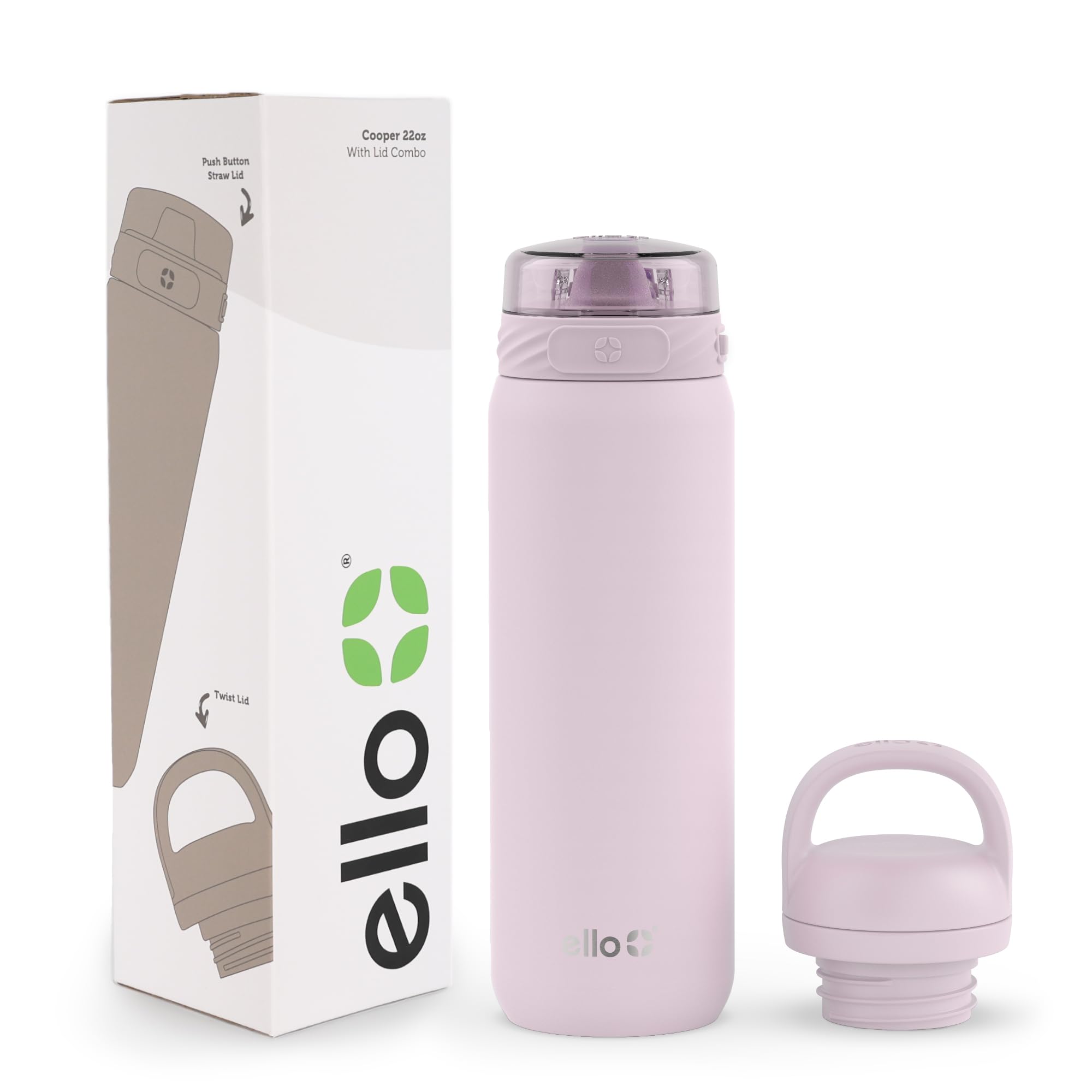 ElloCooper 22oz Stainless Steel Water Bottle with 2 Lids Chug and Straw | Leak Proof Double Walled and Vacuum Insulated | Fits Car Cupholder | Built in Carry Loop | Dishwasher Safe | Cashmere Pink