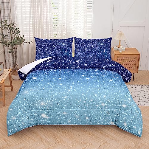 Mwmmwm Blue Twin Comforter Set For Teen Girls, Sparkle Galaxy Twinkle Starlight Blue Bedding, Blue Glitter Comforter Set, 2 Piece Aqua Navy Ombre Bedding For Kids Boys And Girls With 1 Pillowcase #TOP4