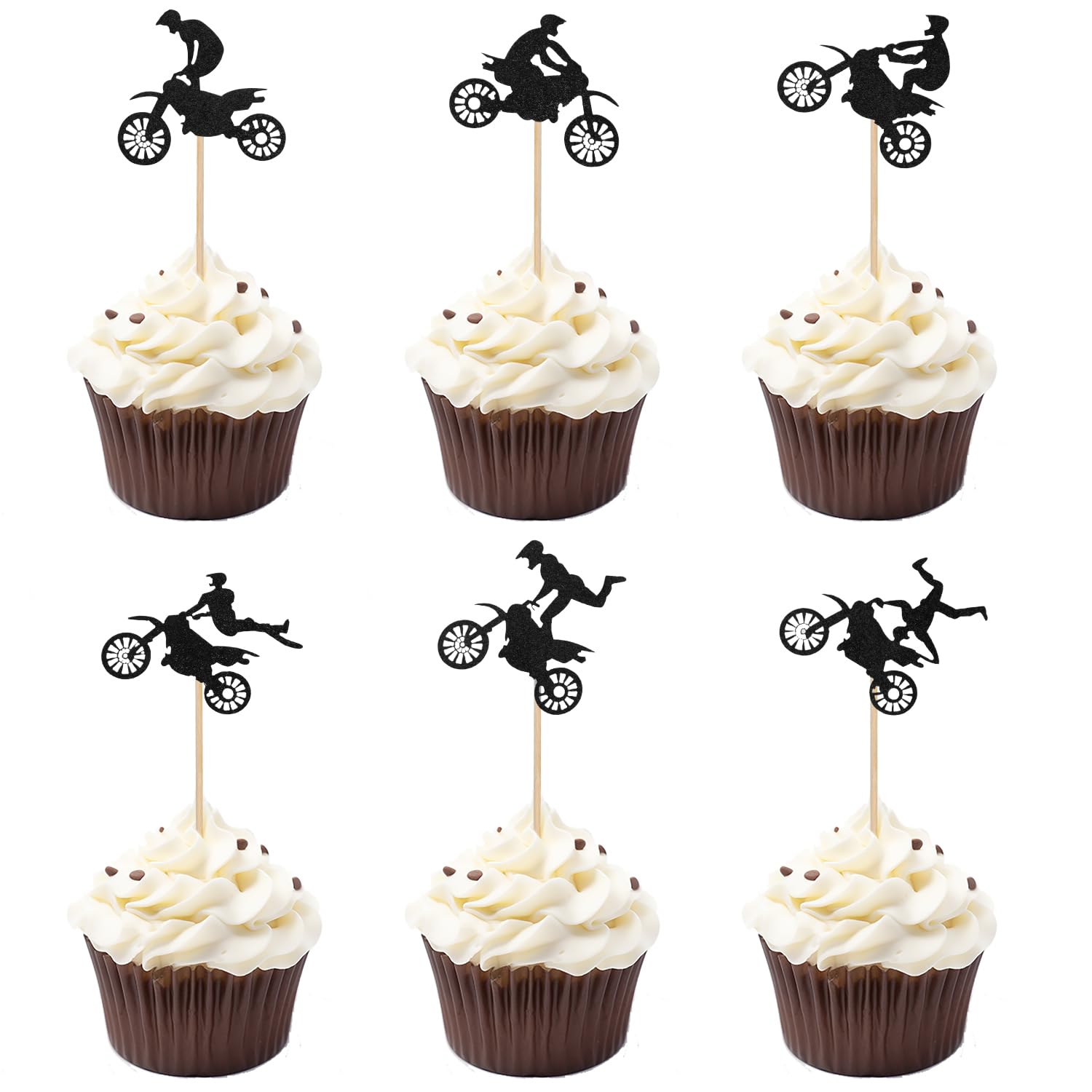 24pcs Motorcycle Cupcake Toppers, Black Glitter Dirt Bike Cake Topper Motorbike Cupcake Picks Party Cake Decorations for Sports Motocross Themed Birthday Party Cake Decorations Supplies
