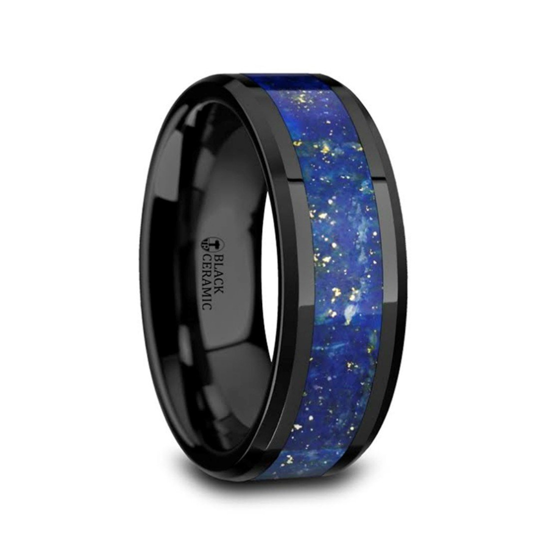 MARLOW Men's Polished Black Ceramic Wedding Band Ring with Blue Lapis Inlay & Beveled Edges 8mm Wide Wedding Band