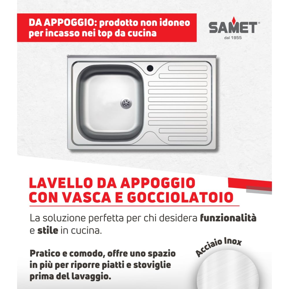 Lavello appoggio acciaio inox 80x50 cm una vasca e gocciolatoio destro SA216