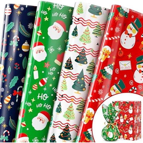 EverMerry Christmas Wrapping Set, Plastic Gift Wrapping 6 Pack Giant Sheets, 4 Vintage Patterns with Christmas Tree, Santa, Reindeer, Snowman and Candy Canes, 29 x 42 inches, Christmas Gifts Cover