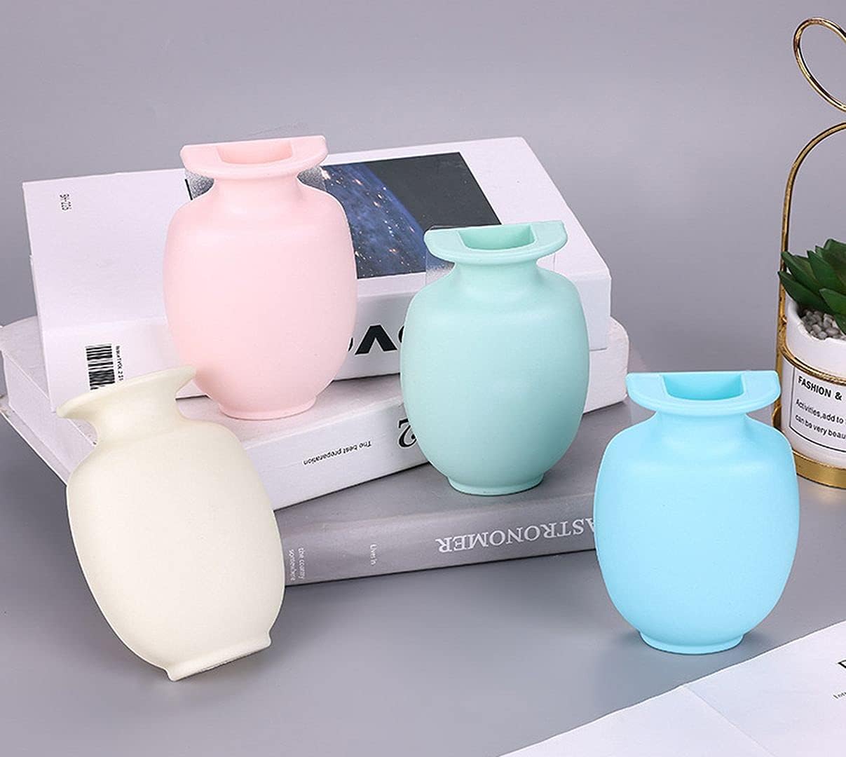 ChezMax 4-Pack Mini Wall-Mounted Vases - Removable Reusable Hanging Flower Pots for Fridge, Window, Tile, Home Decor (Blue, Green, Pink, Beige)