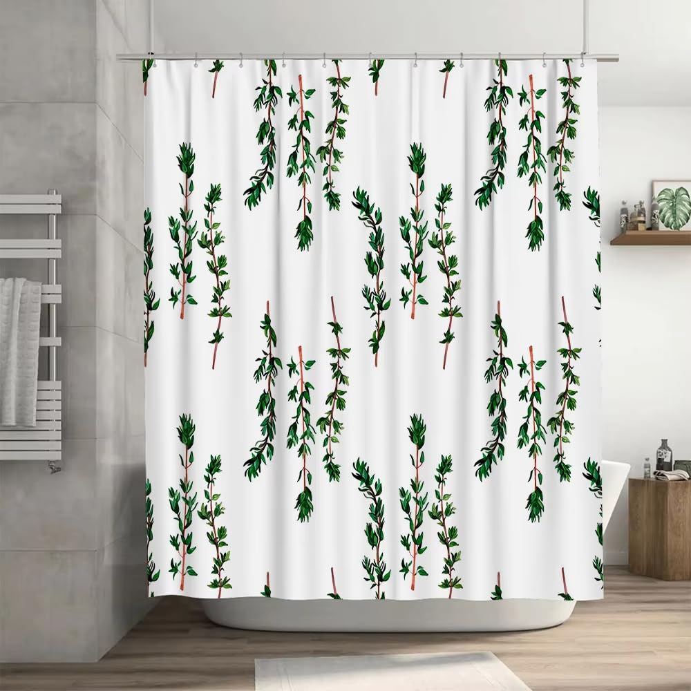 Tenda da doccia con rami verdi,in tessuto bianco impermeabile,per la decorazione della casa e della cucina,in accessori per il bagno (200 x 220 cm(larghezza x altezza)