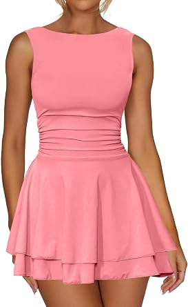 oten Womens Sleeveless Ruched Waist Tiered Flowy Ruffle Hem Mini Party Club Short Dresses