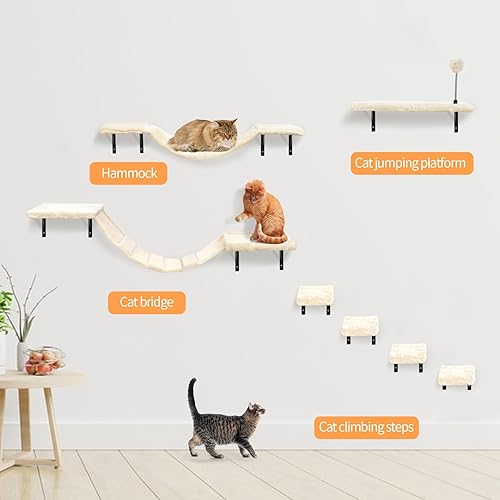 Miniatura 5 de Juego de trepador de gato montado en la pared con estantes de escalada, perchas, puente, hamaca, tabla de rascar y pelota, 7 muebles de madera para