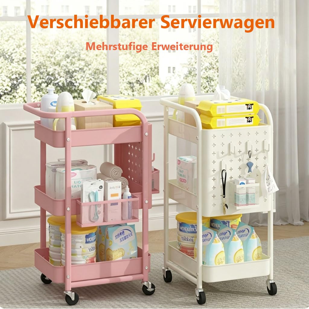 Servierwagen Mit Rollen Und Haken, 3-Tier Bastelwagen Für Küche, Multifunktionaler Rollwagen Schmal Für Haushaltsartikel Lebensmittel Und Bürozubehör,Beige