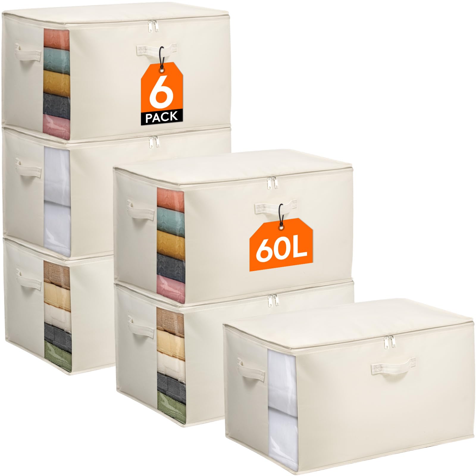 Lifewit 60L Bettdecken Aufbewahrungstasche mit Griffen, Beige, 6 Stück