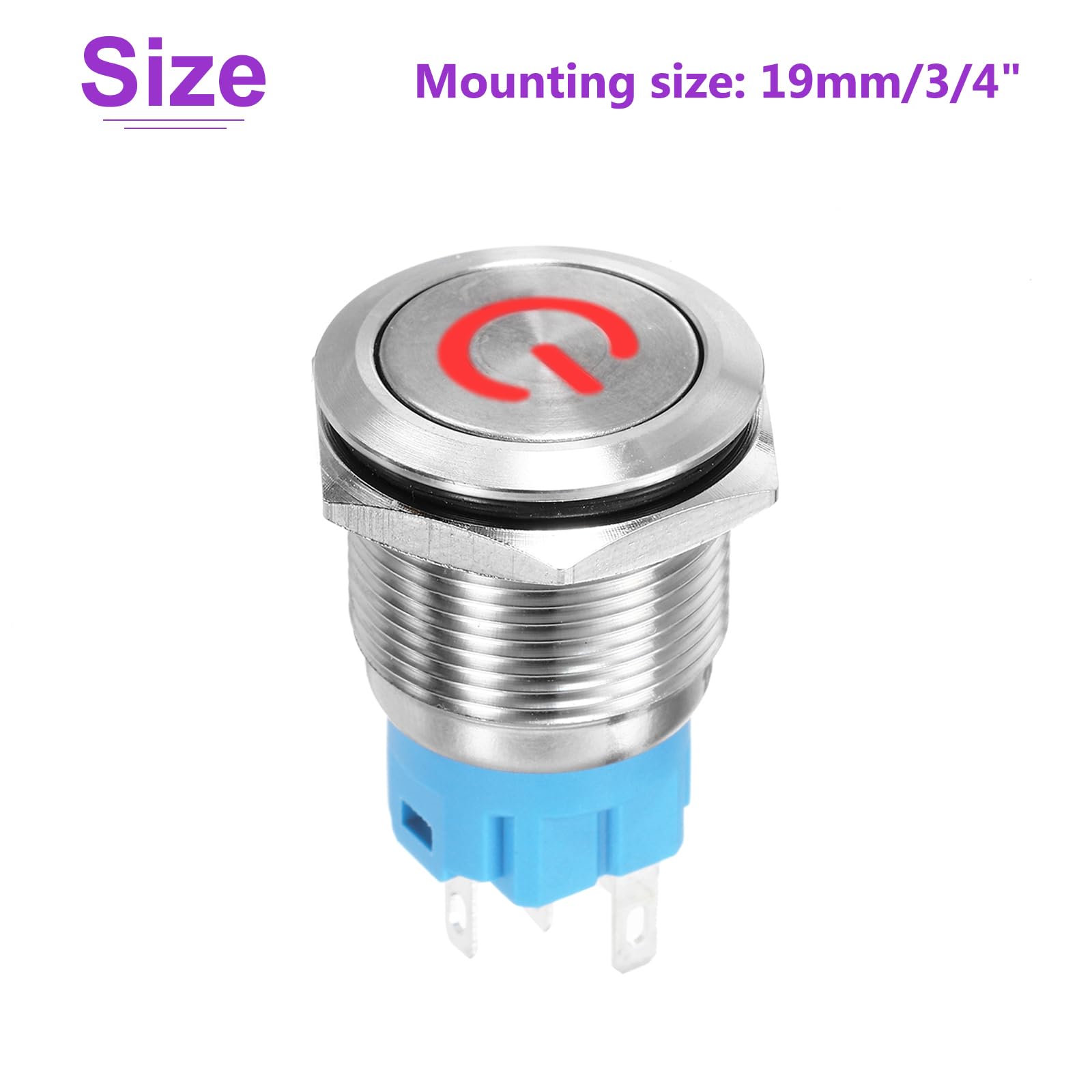 DMiotech 19mm / 3/4" Stainless Steel Latching Push Button Switch Flat Head 5A 12-24V Silver Shell with Welding Foot Red LED 1NO1NC for Car Boat Systems Custom Setups - Image 4