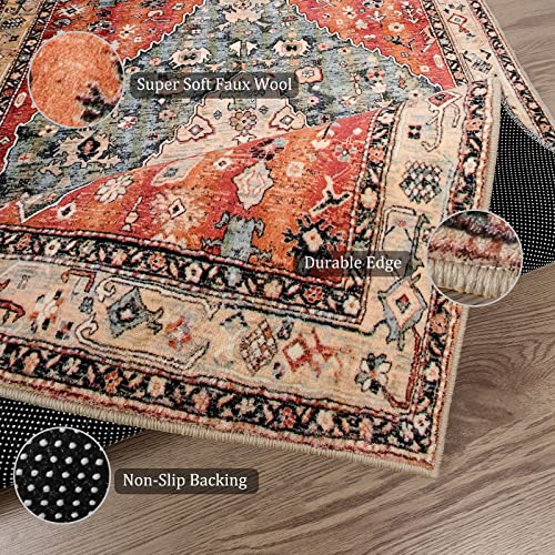 Morebes Tribal Area Rug, Boho 3X5 Machine Washable Kitchen Rug Distressed Bathroom Mat, Vintage Low Pile Entry Way Rug Faux Wool Carpet For Bedroom Kitchen Laundry Dorm, Rust/Multi #TOP1