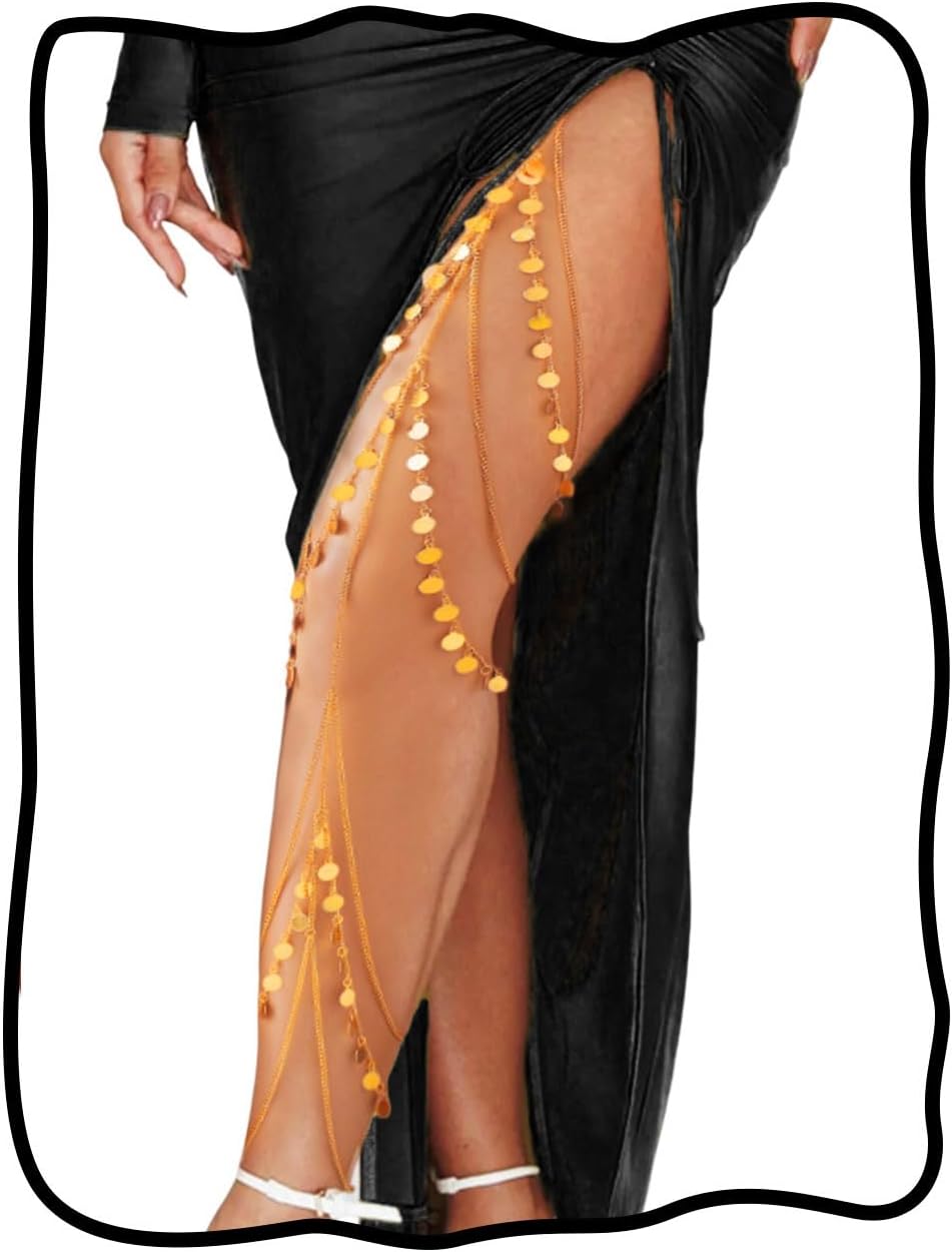 Nicute Boho Sequin Leg Chain Gold Layered Body Chain Tassel Rave Party Thigh Chain Body Accessories for Women