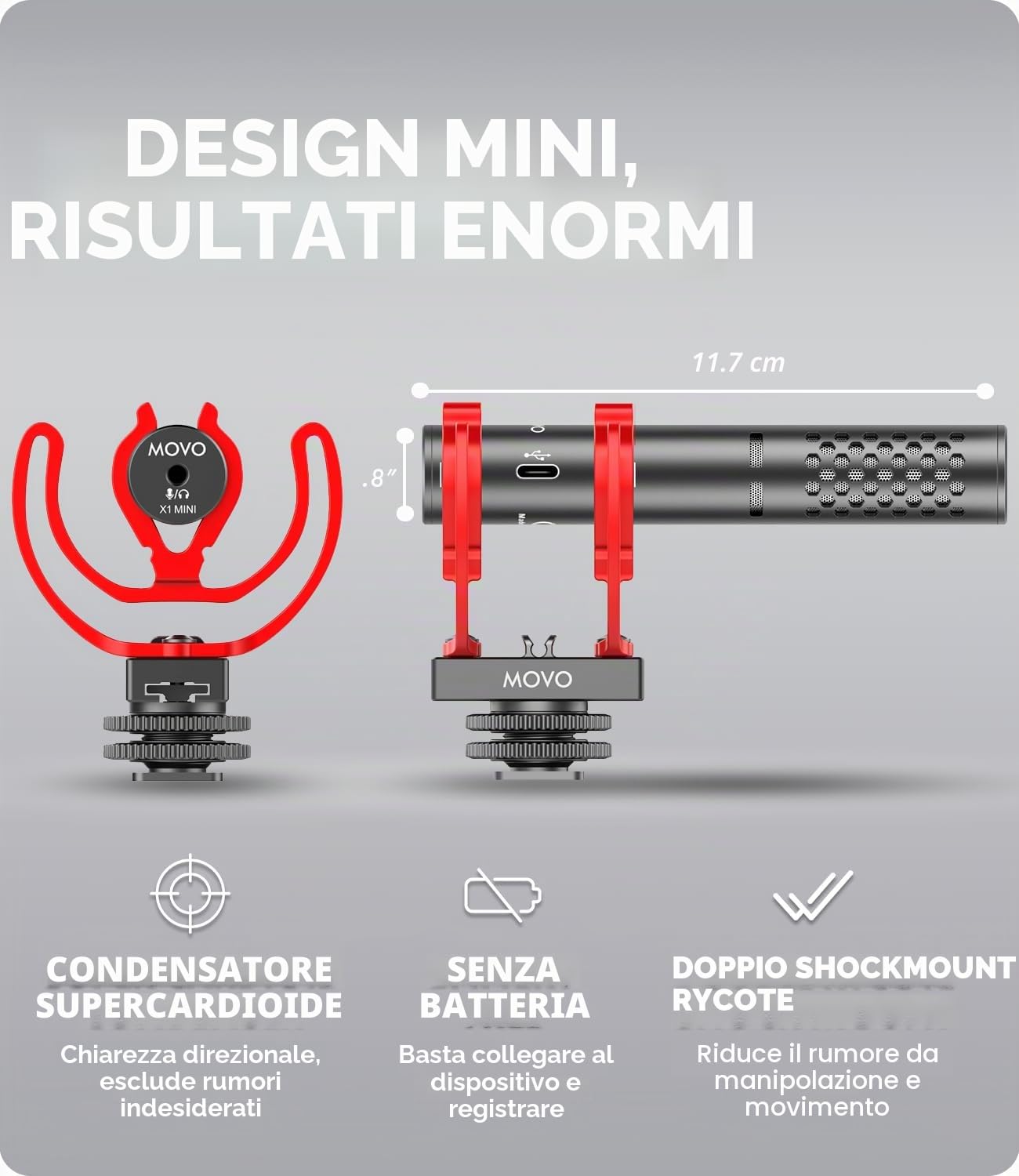 Movo X1-Mini microfono video fucile per fotocamera, supercardioide 3,5 mm/USB-C analogico/digitale per fotocamera DSLR, iPhone e smartphone Android, computer, compatibile con Canon EOS, Nikon, Sony