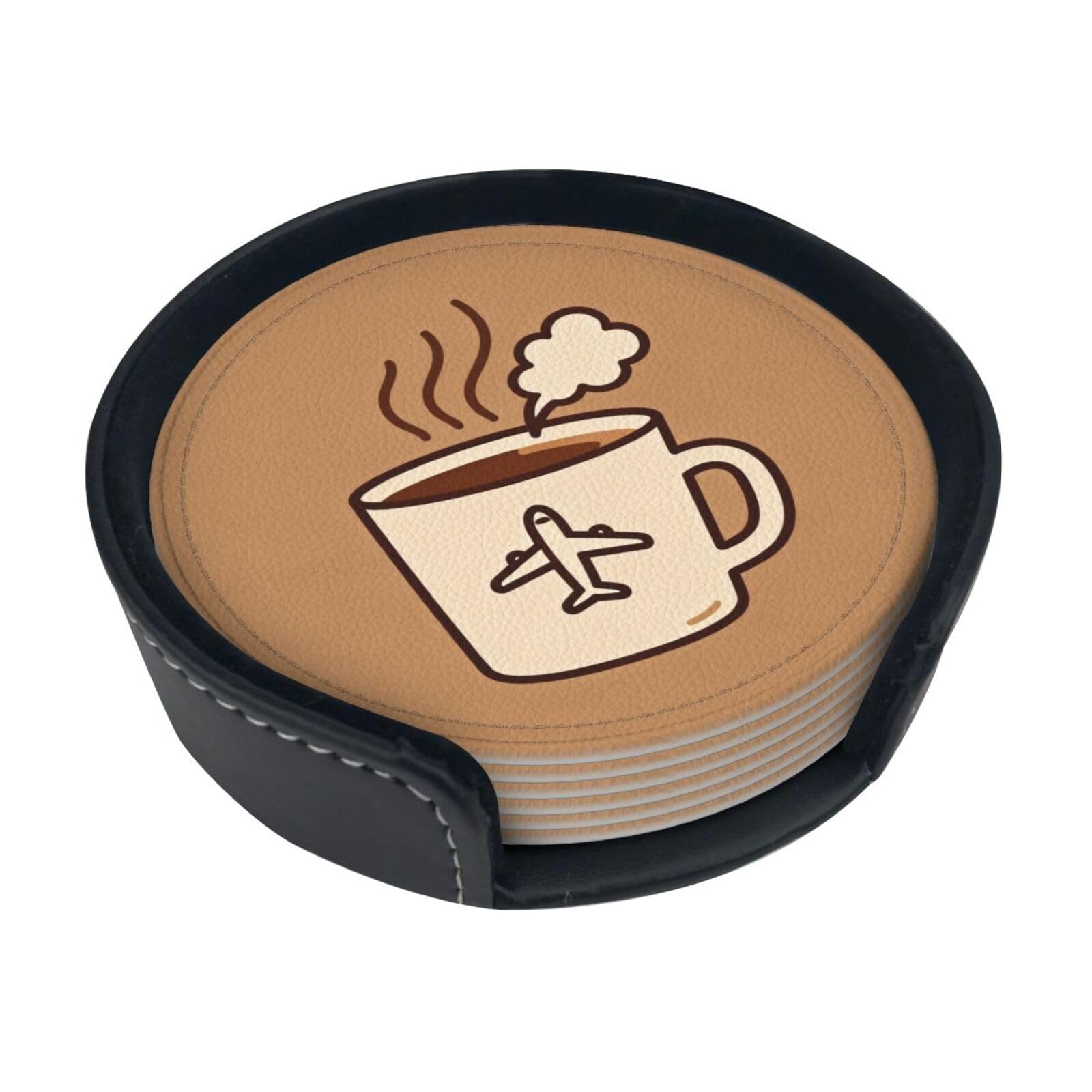 Cntdbu White Coffee Travel Mug Leather Coasters Set Of 6-Pu Leather Drink Mats For Table, Heat Resistant Round Coasters With Holder