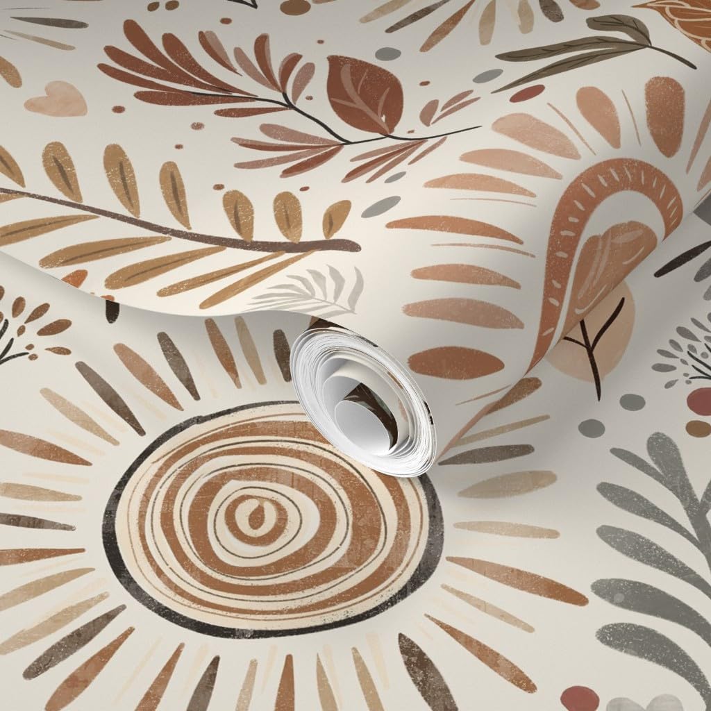 Removable Wallpaper 6ft x 2ft - Boho Winter Sun Neutral Floral Earth Tones Botanical Bohemian Witchy Whimsical Cute Custom Pre-Pasted Wallpaper by Spoonflower