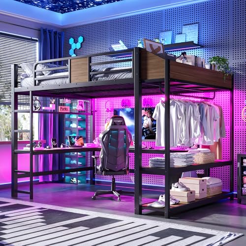 Image of Bellemave Queen Size Metal Loft Bed with L-Shaped Desk, LED Lights & Charging Station, Heavy Duty Loft Bed Frame with Hanging Rod and Storage Shelves for Kids, Teens & Adults, Space Saving,Black