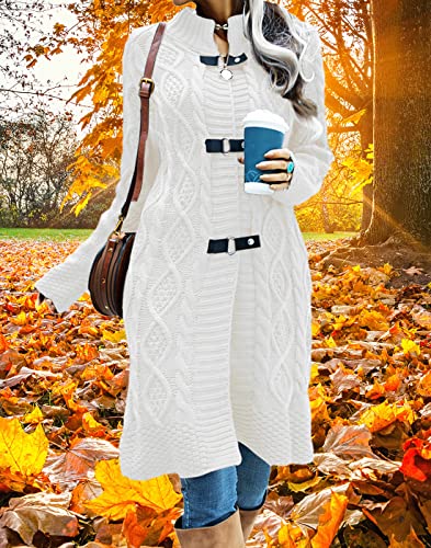 Dyexces Womens Long Cardigans Sweater Coats Cable Knit Open Front Leather Buckle Outerwear Sweater White #TOP1