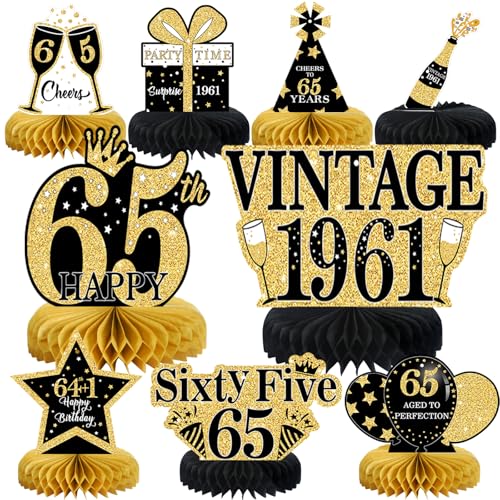 Image of 9Pcs 65th Birthday Decorations Honeycomb Centerpieces for Men Women, Black Gold Happy 65th Birthday Centerpieces Tables Toppers Party Decorations Supplies, Vintage 1961 Aged Table Sign Decor
