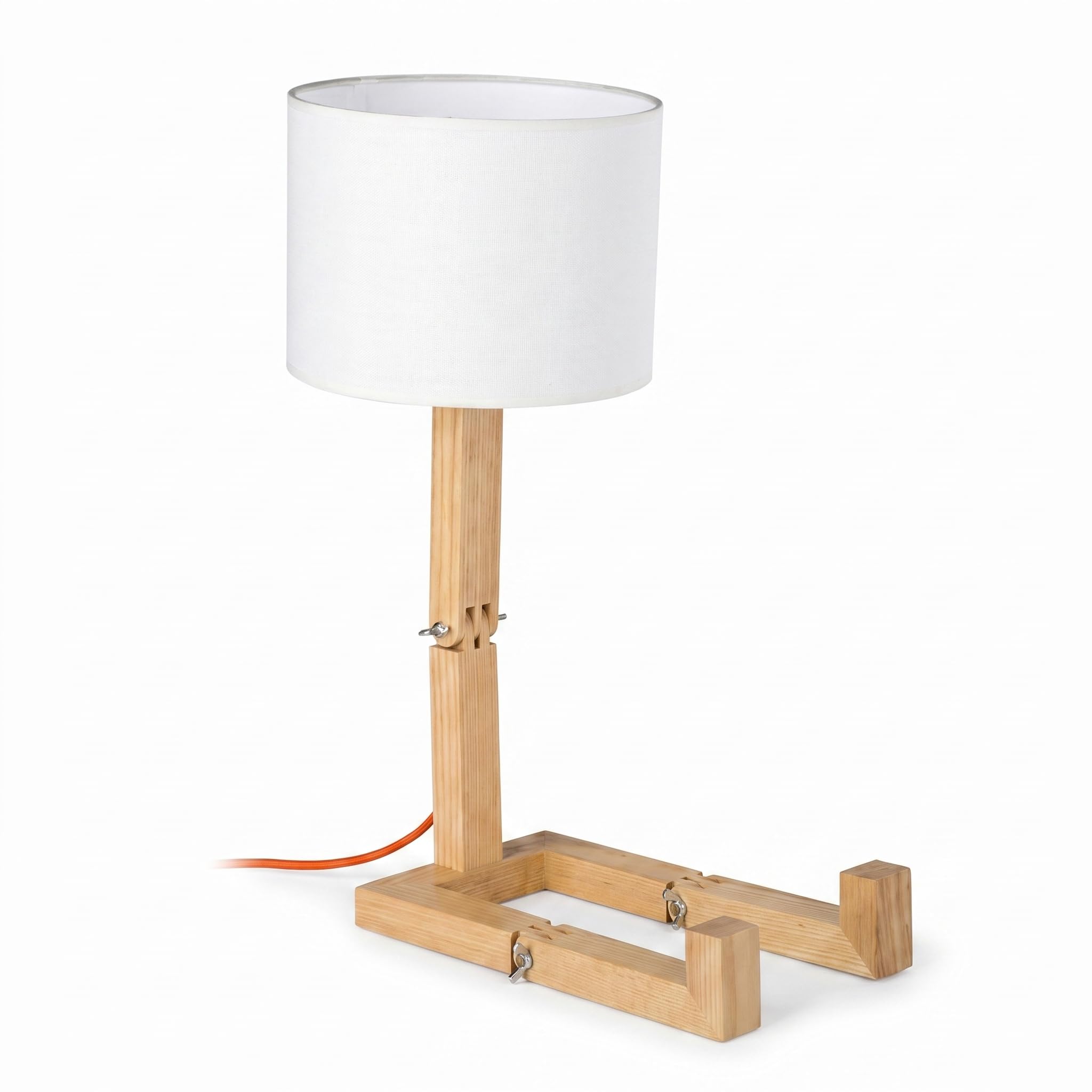 BARCELONA LED YOKI Holz Tischlampe Gelenkig, Skandinavische Schreibtischlampe im Figuren Design mit Weißem Stoffschirm, E27 Nachttischlampe für Schlafzimmer, Büro und Wohnzimmer